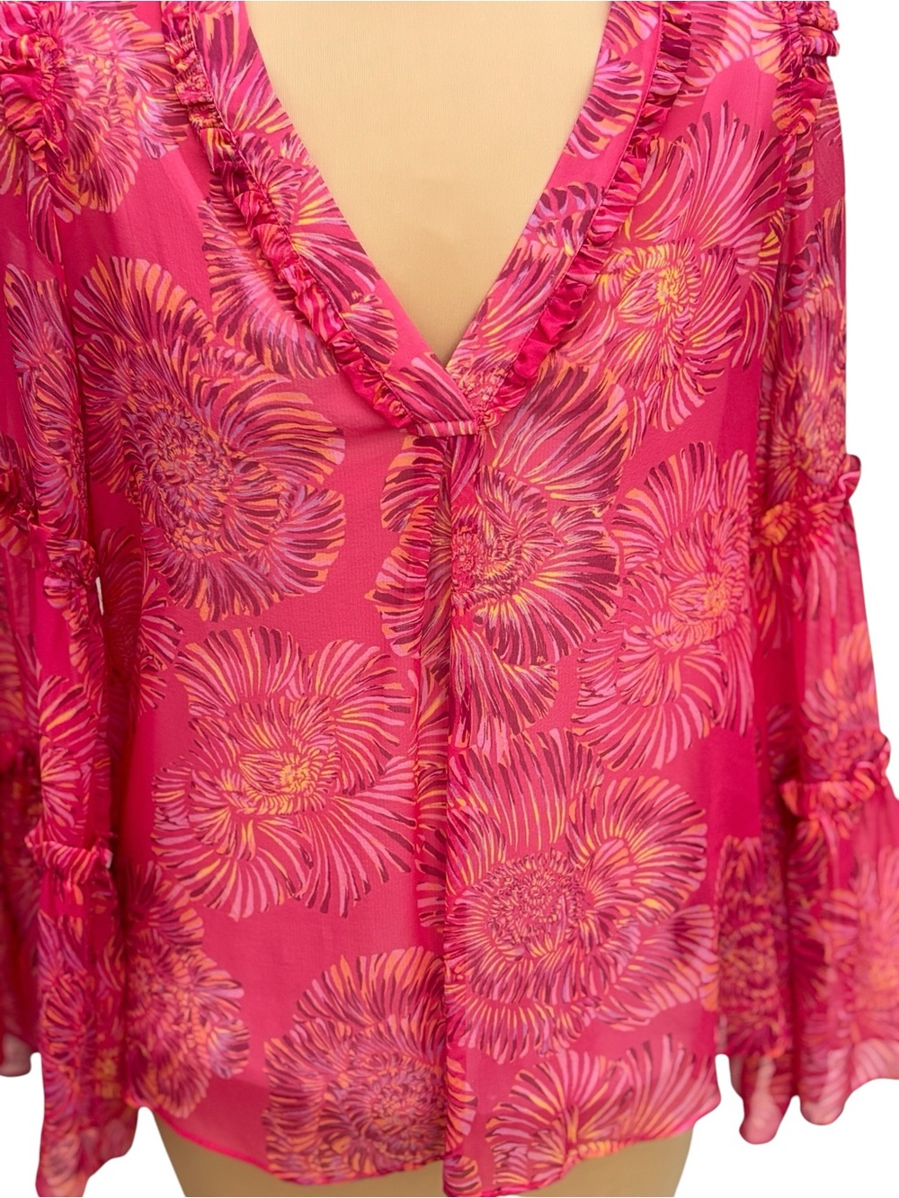 HALE BOB Pink Floral Bell Sleeve Silk Blend Boho Top XS